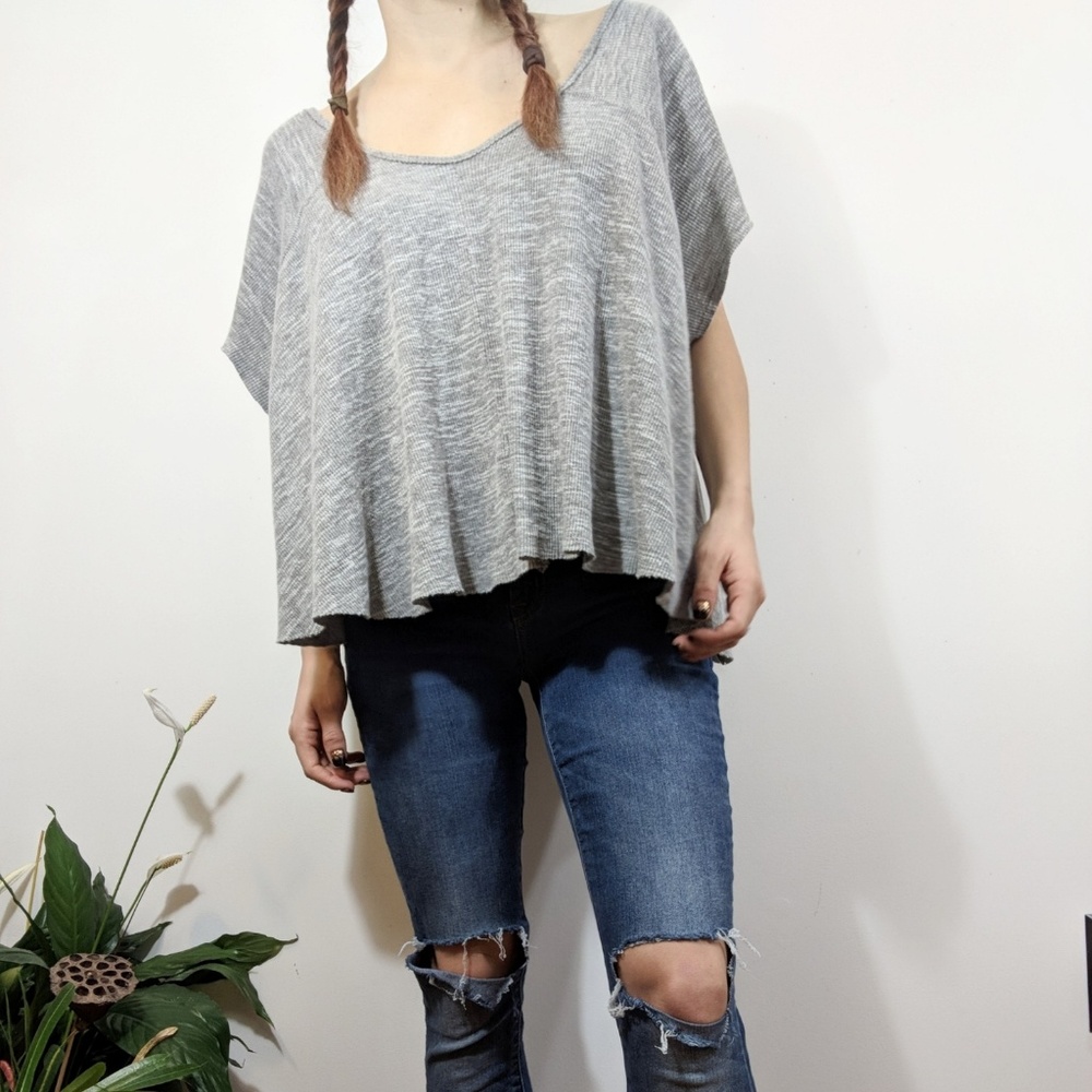 Free People Gray Ribbed Flowy Tee Top USA Made